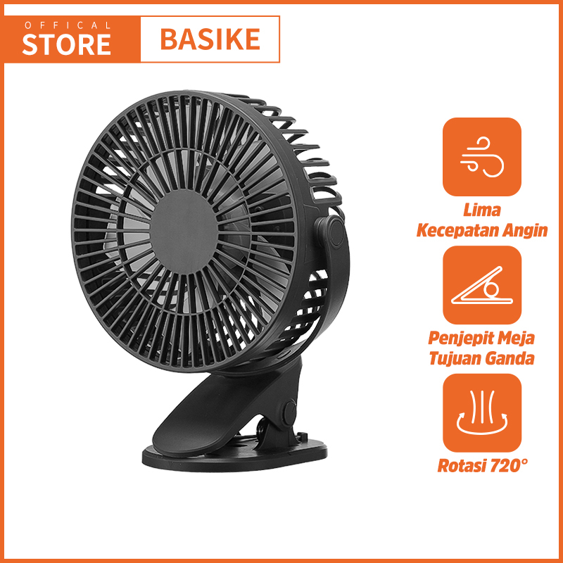 BASIKE Kipas Angin Portable Duduk Jepit Meja Mini USB Fan 5-Speed 720° Rotasi with Powerbank 2400mAh