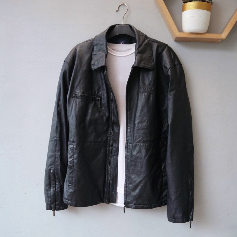 Jaket kulit asli XL embos georgia coffe slim Pl bekas preloved second