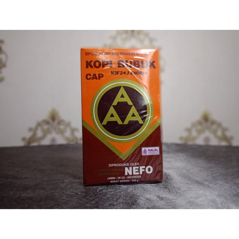 

Kopi Bubuk Cap AAA ( NEFO ) Asli Jambi | Box Ukuran 250 gram | Grosir & Eceran | Kirim seluruh Indonesia