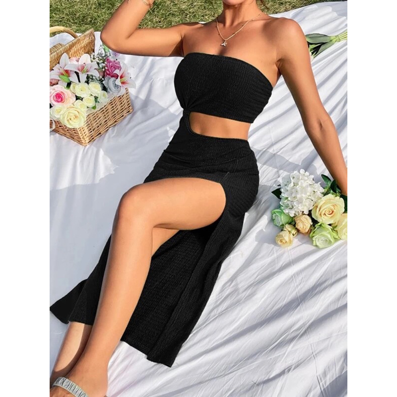 Lady Swimsuit Summer Dress Sexy Beachwear Maxi Strapless Dress Cut Off Premium Import 8705