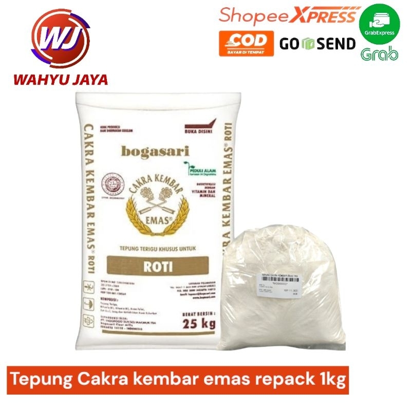 

Tepung terigu Cakra kembar emas repack 1kg