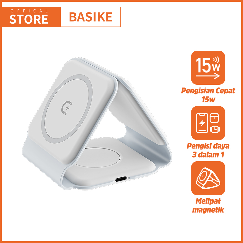 BASIKE Charger iPhone Wireless Fast Charging 15W Qi Pengisi Daya Cepat Lipat 3-In-1 Stand Dock