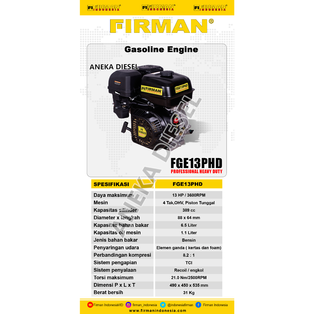 Mesin Penggerak Bensin 13HP FIRMAN FGE 13PHD Gasoline Engine 13HP FGE 13PHD FIRMAN Mesin Penggerak