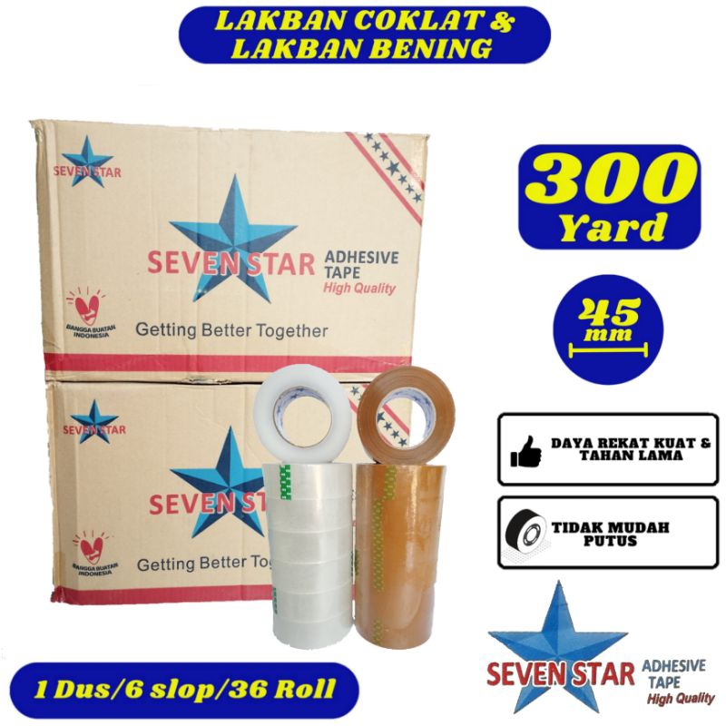 

Lakban Coklat Lakban Bening Seven Star 45mm x 300yard Karton - Daya Rekat Kuat,Tidak Mudah Putus