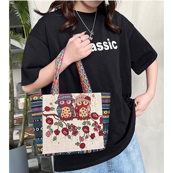 Tas Wanita kanvas bergaris bahu/ model tali tangan motif zigzag