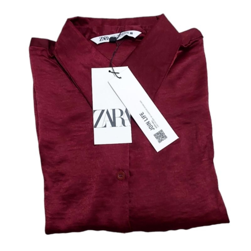 Original New Zara Kemeja Wanita Satin Silk Polos Red Wine Jumbo Oversize Big Size
