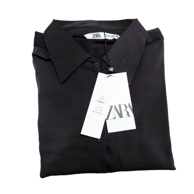 Original New Zara Kemeja Wanita Satin Silk Polos Kopi Jumbo Oversize Big Size