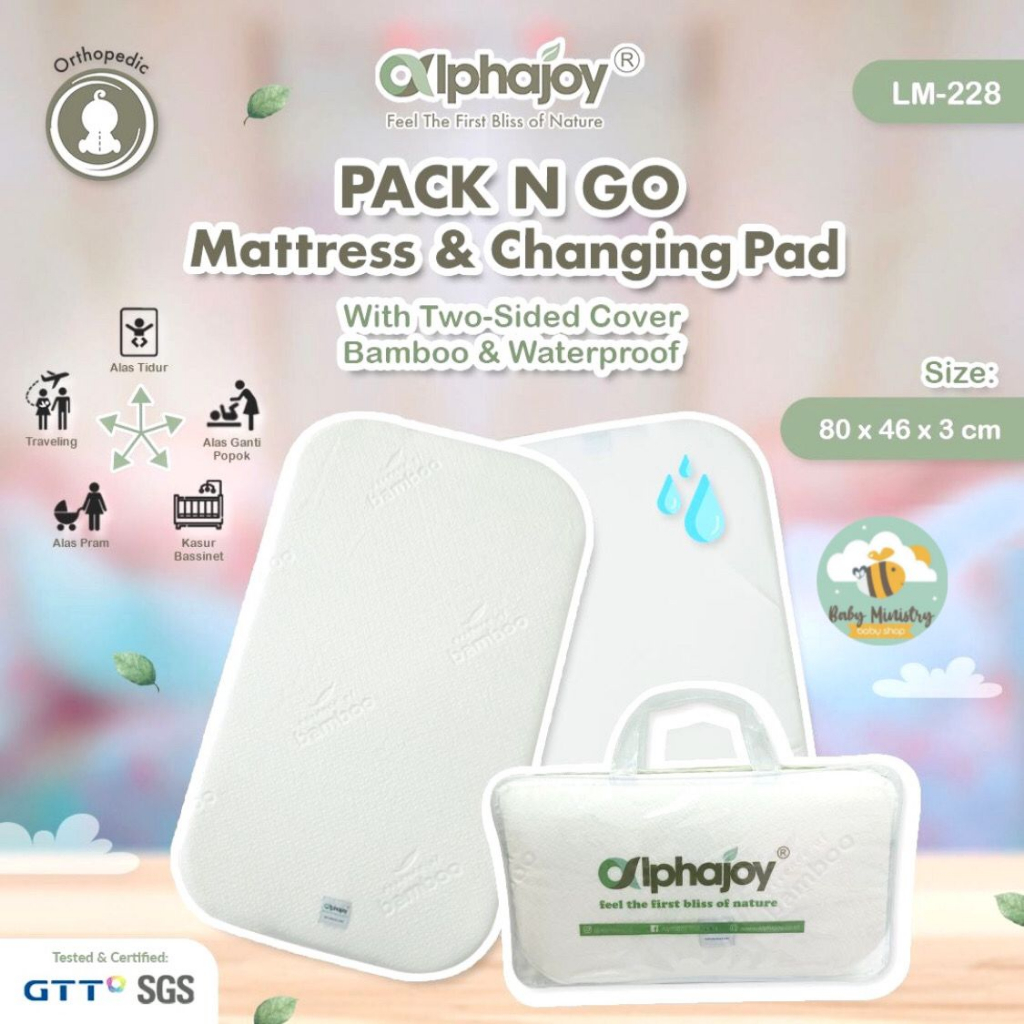 Alphajoy - PACK N GO Mattress & Changing Pad (80cm x 46cm x 3cm) 100% Natural Latex with Mild Cover 