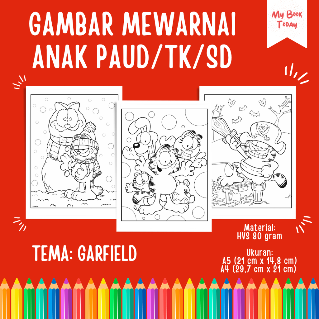 

[My Book Today] Lembar Kertas Sketsa Gambar Mewarnai untuk Anak Sekolah PAUD TK SD Tema Garfield