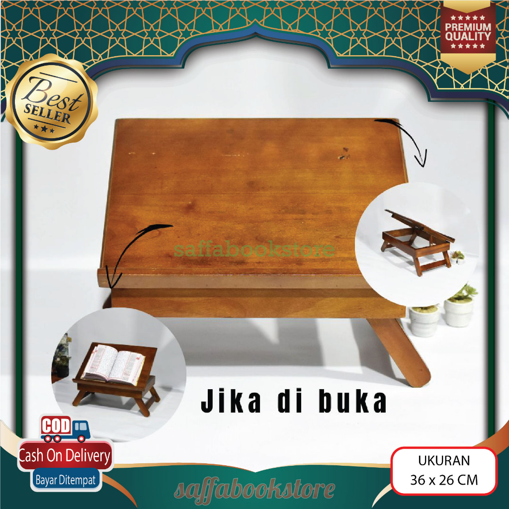 Meja Alquran Lipat Rehal Rekal Sedang Besar 36cm X 26cm 16cm Kayu Mahoni Plitur Asli Ngaji Miring Le