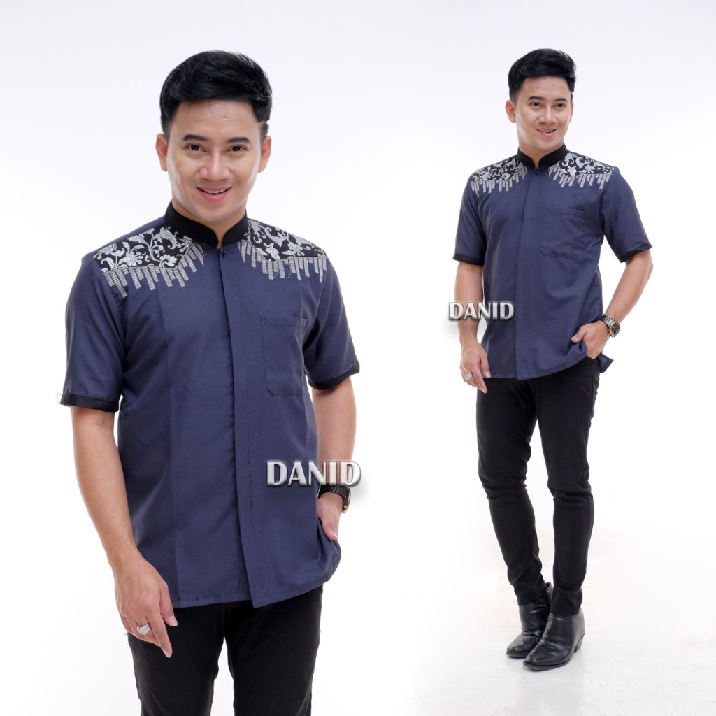 Atasan muslim pria dewasa baju lengan pendek koko warna biru motif pundak batik veldanava pekalongan
