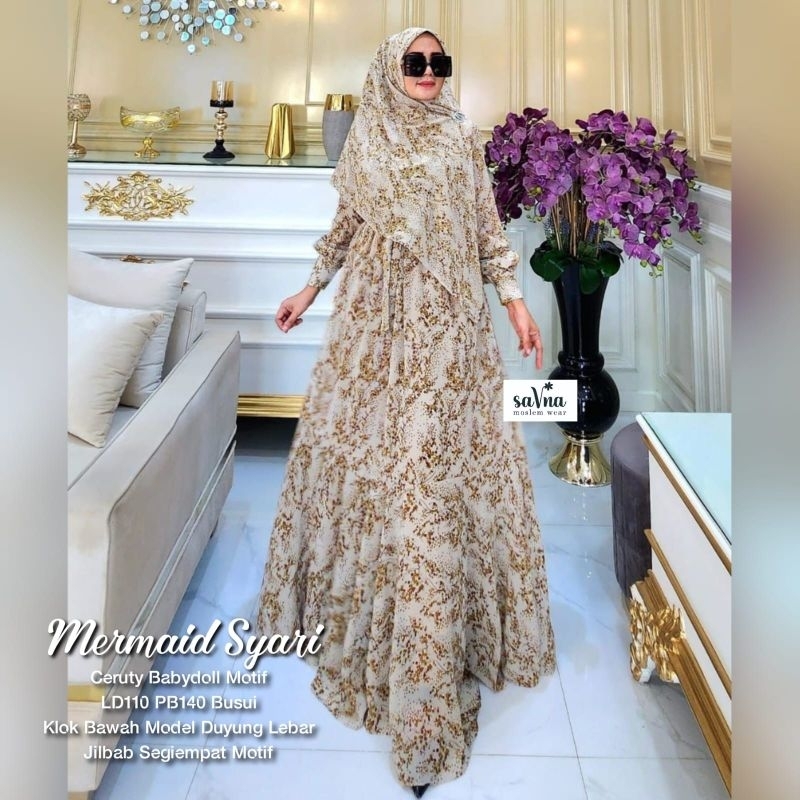 Mermaid syari Alya gamis set jilbab segi empat