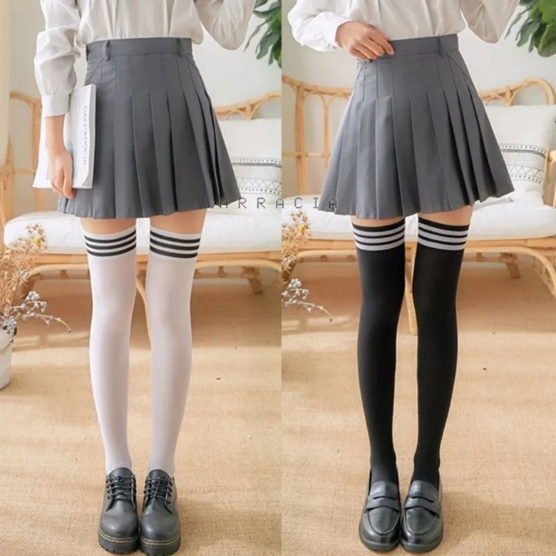 READY STOCK Kaos Kaki Overknee Strip Line Garis Wanita Socks Stocking Panjang Sepaha Cosplay Hitam P