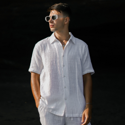 Kemeja Putih Pria Premium Katun Doule Gauze Polos Bertekstur COD Kemeja Pantai Lengan Pendek Putih B