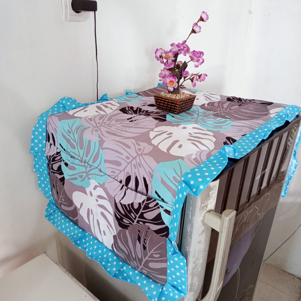 TAPLAK TUTUP KULKAS KAIN KATUN 1 DAN 2 PINTU LAPIS BUSA TEBAL RUMBAI UKURAN +- 120 X 50 CM