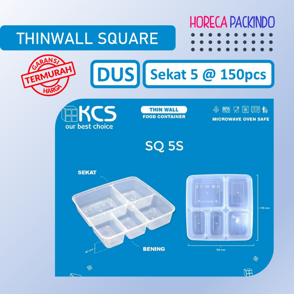 Thinwall Square Sekat 5 KCS (DUS 150pcs) + Tutup Datar / Bento Plastik