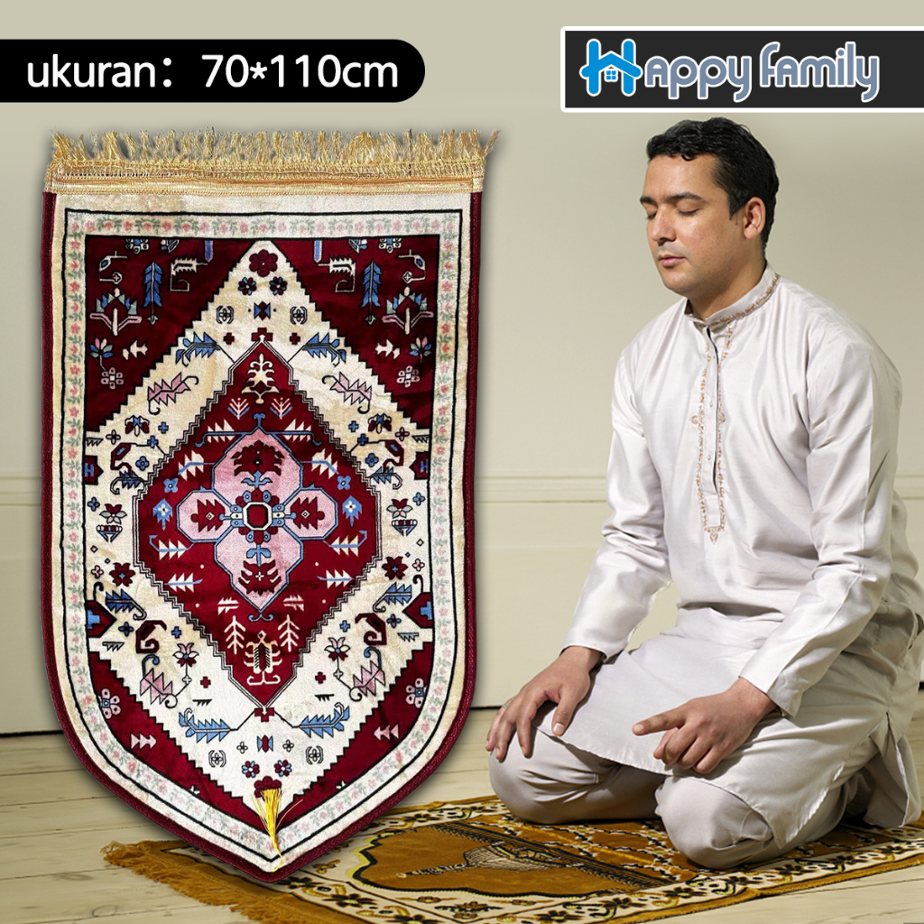 Happy Family Sajadah Turki Anti Slip Super Premium UK 70*110cm / Sajadah Sholat Bulu Motif Premium Import-Merah 6876-2-1