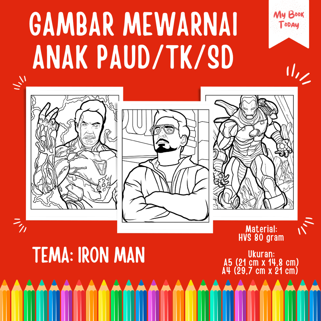

[My Book Today] Lembar Kertas Sketsa Gambar Mewarnai untuk Anak Sekolah PAUD TK SD Tema Iron Man