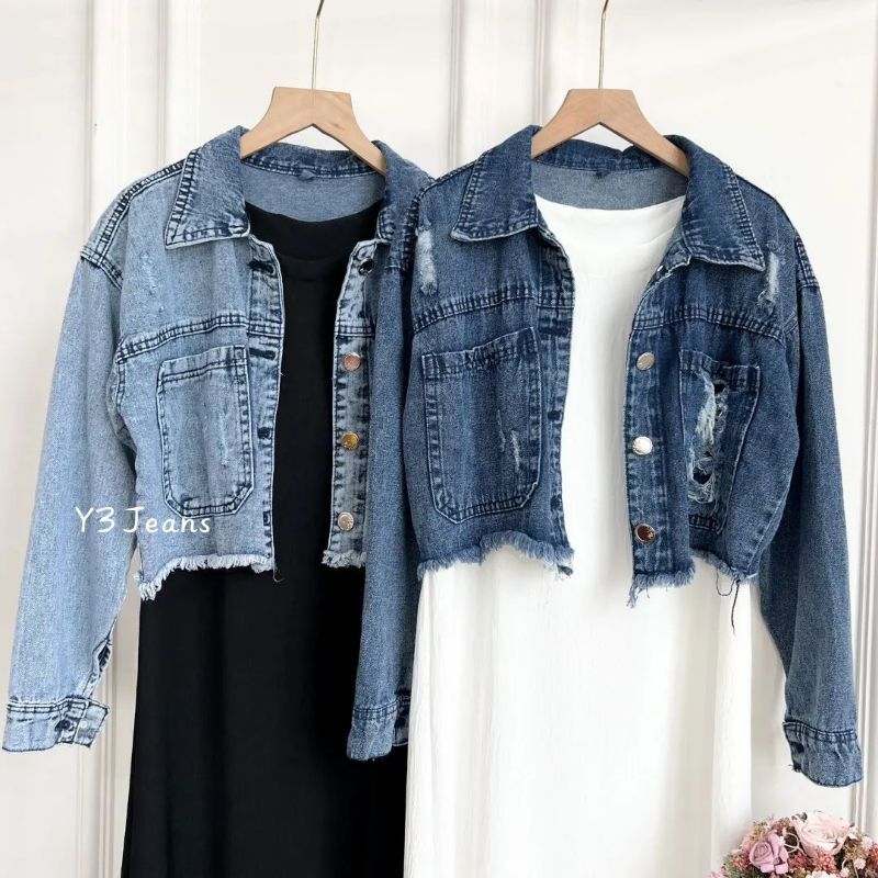 Jaket Crop Jeans Wanita Jaket Wanita Motif Kantong Sobek Jaket Jeans Wanita Bawah Rawis OOTD Atasan 