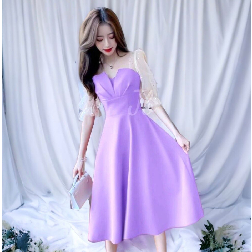 Midi Dress Korea Kondangan Wedding Dress Korean Style Dres Brukat Lengan 3/4 7/8 Baju Pesta Wanita A