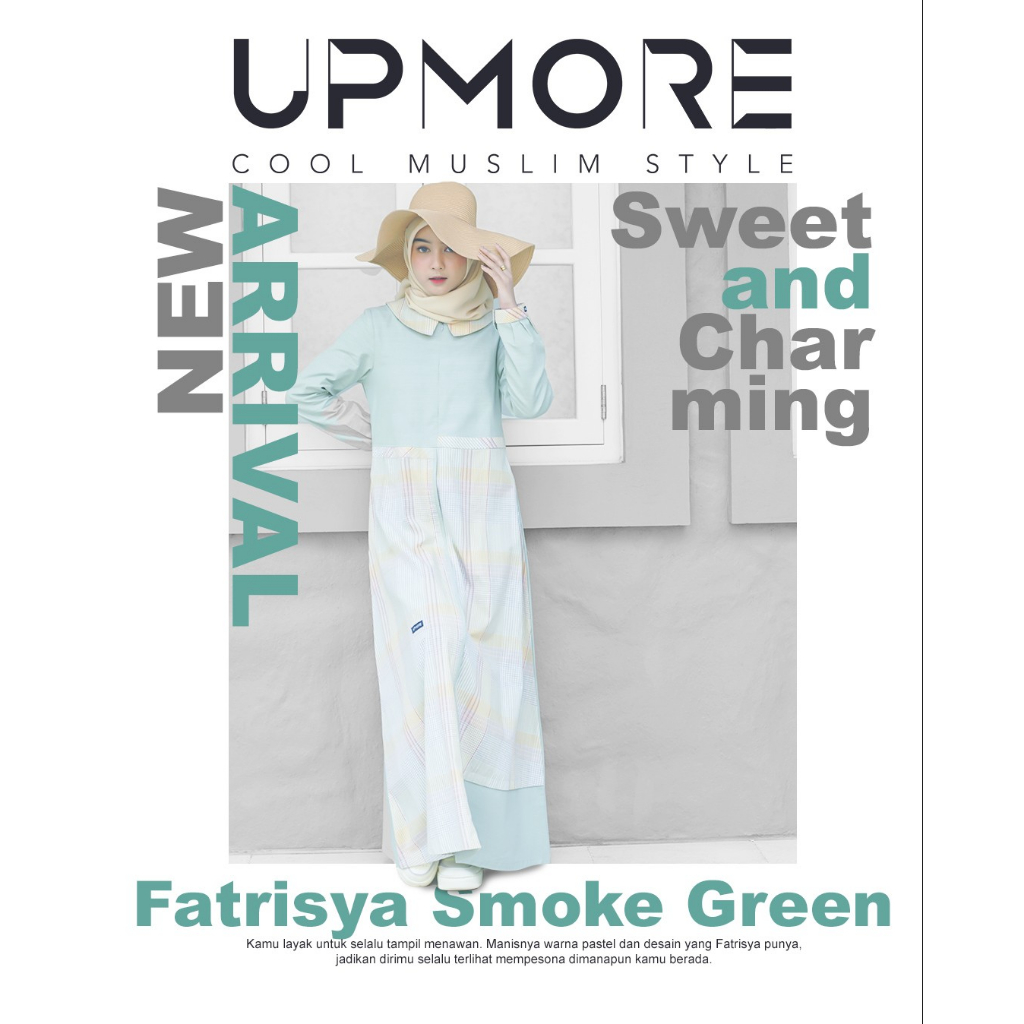 Upmore-Gamis Fatrisya Smoke Green Cotton Yarn Dyed Symphony Dress Wanita Dewasa Remaja Muslimah Akhwat Casual Trendy Polos Kombinasi Motif Kotak Cute Feminin Menawan