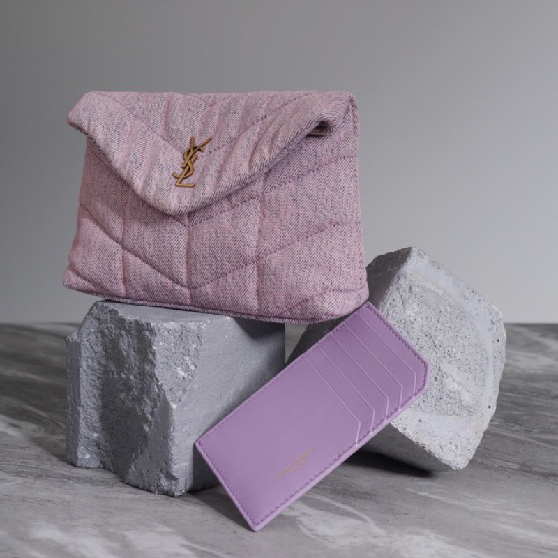 SAINT LAURENT Small Puffer Envelope Pouch in Bleached Lilac Denim x Smooth Leather with Bronze Hardw