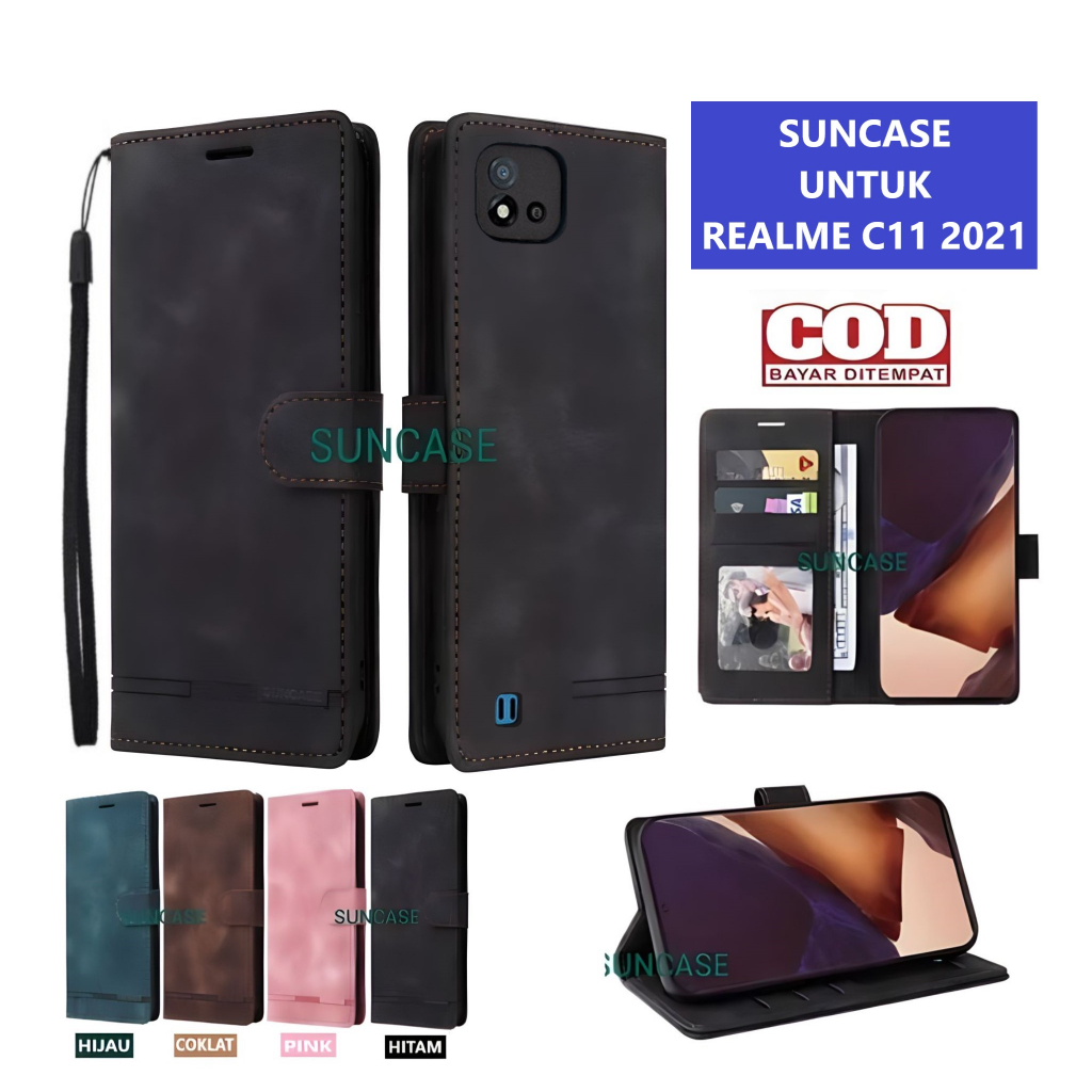 Casing REALME C11 2021 model flip buka tutup case kulit ada tempat foto dan kartu juga tali hp flip 