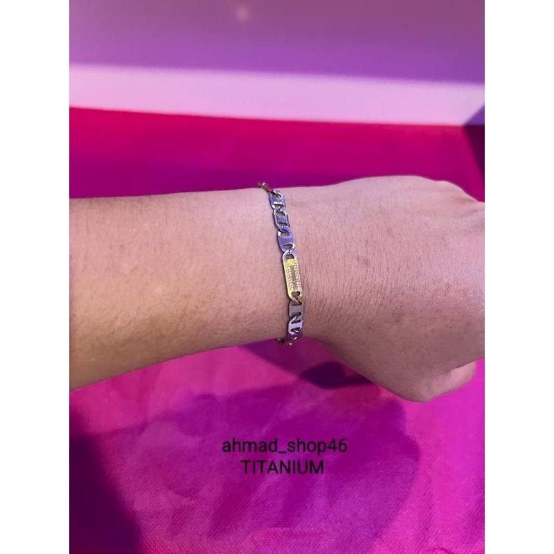 Gelang tangan titanium pria wanita model rantai pipih warna silver kombinasi gold