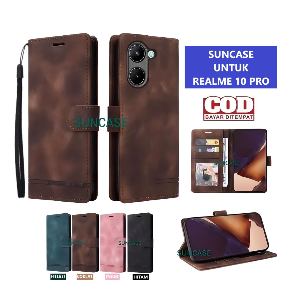 Casing REALME 10 PRO model flip buka tutup case kulit ada tempat foto dan kartu juga tali hp flip co
