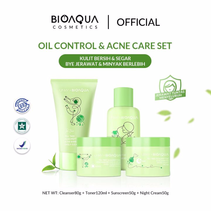 READY BIOAQUA 4pcs Skincare Paket Tea Tree Oligopeptide Acne Set With Cleanser / Toner / Sunscreen /