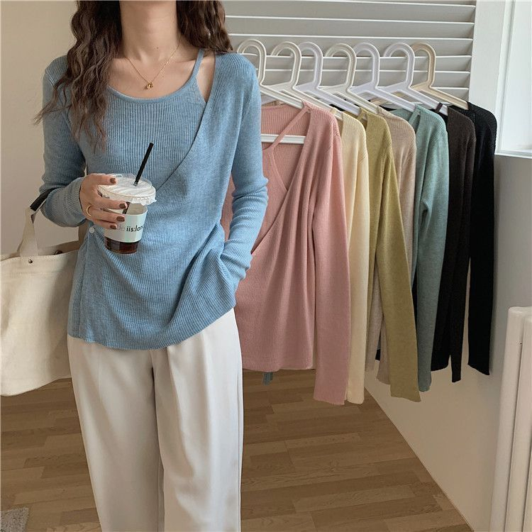 Baju Atasan Wanita Dua Potong Palsu Lengan Panjang Casual Polos Top