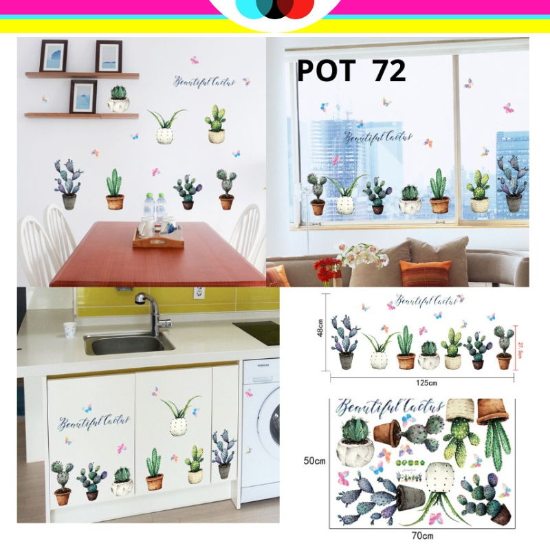 WALL STICKER  STIKER SETIKER WALLSTICKER DINDING GAMBAR MOTIF POT 72 KAKTUS PINK TEMPELAN HIASAN DEK