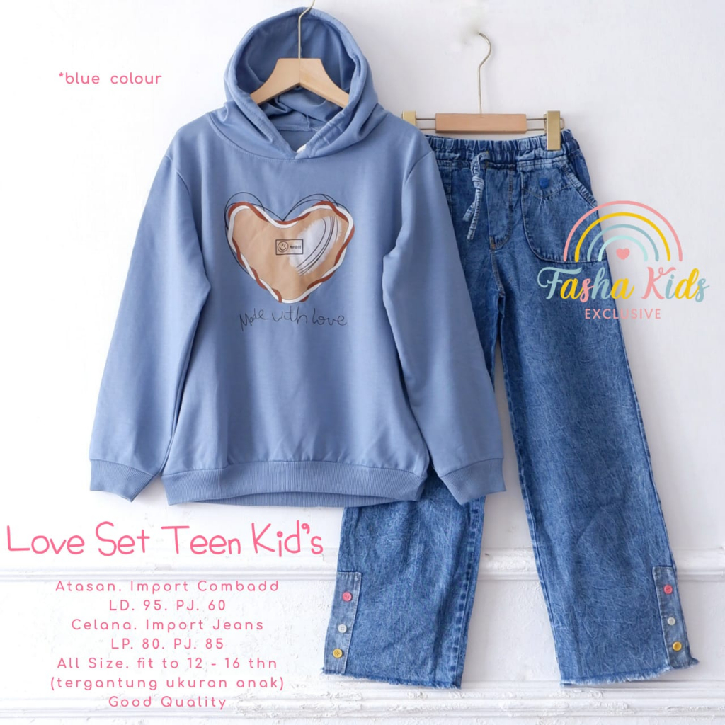 LOVE SET TEEN KIDS SETELAN BAJU ANAK REMAJA HOODIE DAN CELANA JEANS ONESET ANAK REMAJA PEREMPUAN USI