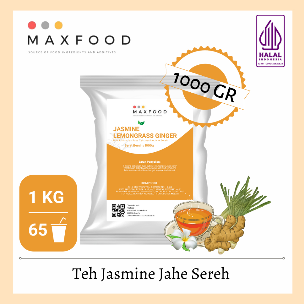 

Jasmine Tea Ginger Lemongrass / Bubuk Minuman Rasa Teh Jasmine Jahe Sereh ( 1kg )