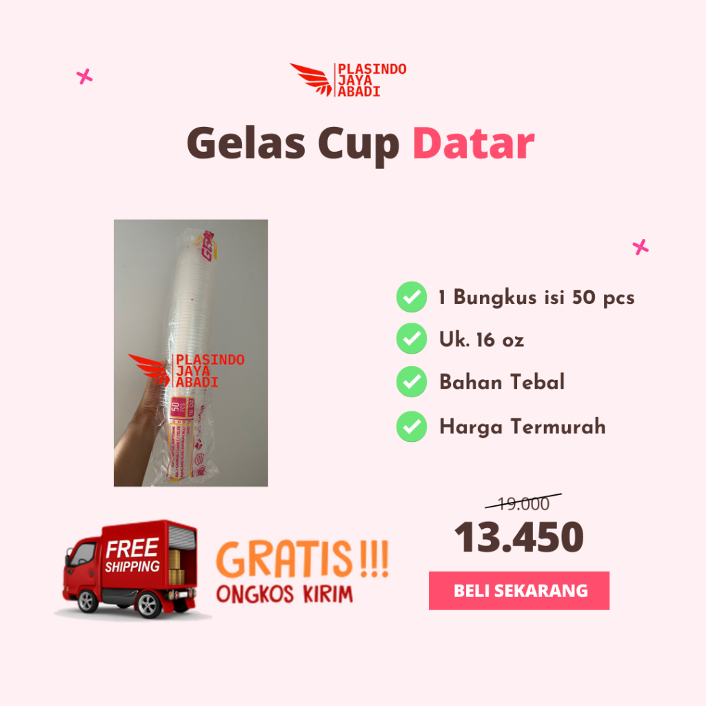 Gelas Plastik Cup Datar 16 oz | Gelas Plastik Jus Boba Glassindo 50 pcs