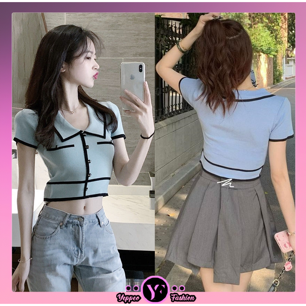 •YF• BJ1368 Baju Atasan Kaos Lengan Pendek Korean Collar Crop Top Atasan Kemeja Knit Fashion korean