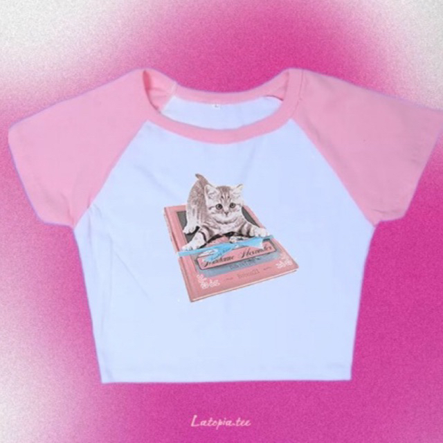 Two Tone Pink Cat with Book Crop Tee