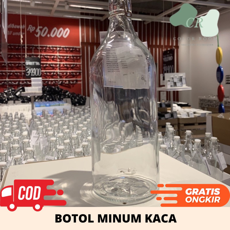 BEST SELLER Botol kaca dengan penutup/ botol air minum/ botol minyak, kaca bening 1 L