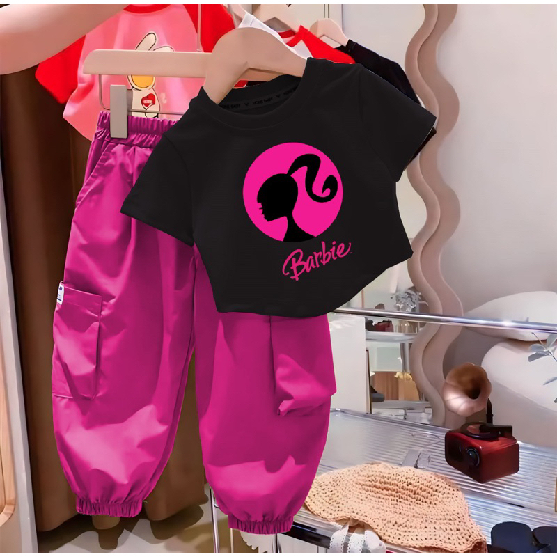 setelan anak kaos anak dan celana panjang anak motif barbie 1-5 tahun ardan baju anak grosir-HITAM BARBIE PANJANG