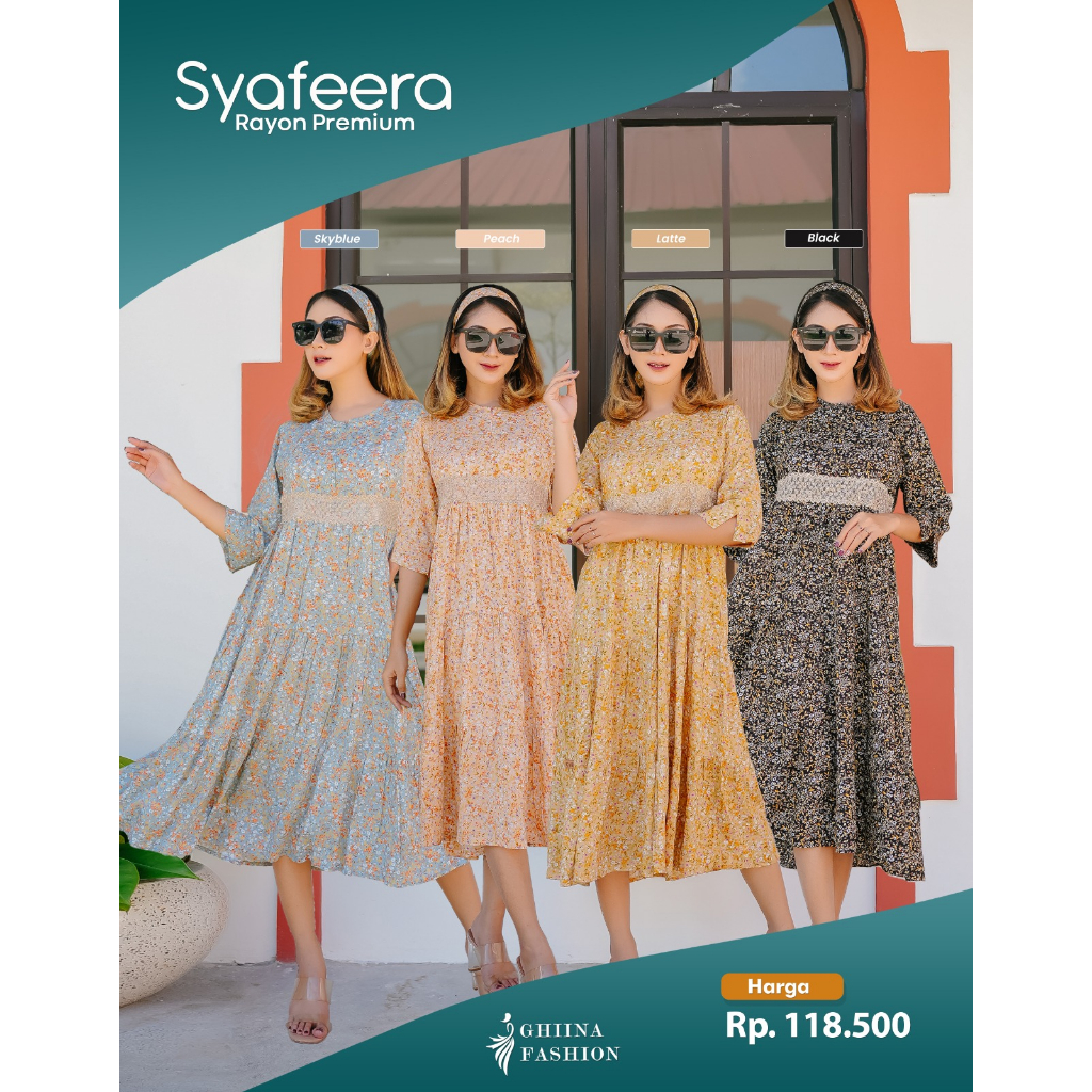 SYAFEERA DRESS BY GHINA FASHION || DRESS PANJANG 3/4 || DRESS LENGAN PENDEK || DRESS MOTIF MURAH || 