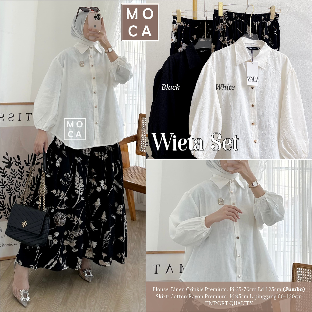 WIETA SET ROK PREMIUM ORIGINAL BY MOCA SETELAN BAJU WANITA BLOUSE LINEN CRINKLE POLOS JUMBO LD 125CM