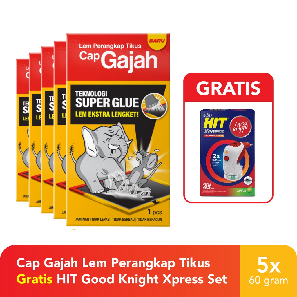 Cap Gajah Lem Perkangkap Tikus dan Hama 5x 60gr Free Hit Good Knight Xpress Set