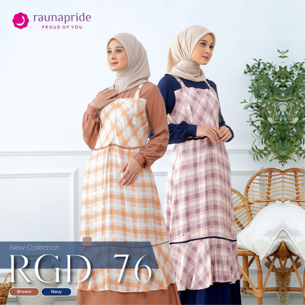 Rauna-RGD 76 Brown-Navy Rayon Premium Gamis Wanita Dewasa Polos Kombinasi Motif Kotak Dress Muslimah Remaja Akhwat Casual Trendy Daily Terbaru Kekinian Variasi Tali Pinggang List