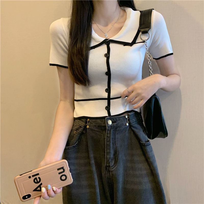 CHAVA | BJ1368 Baju Atasan Kaos Lengan Pendek Korean Collar Crop Top Atasan Kemeja Knit Fashion korean