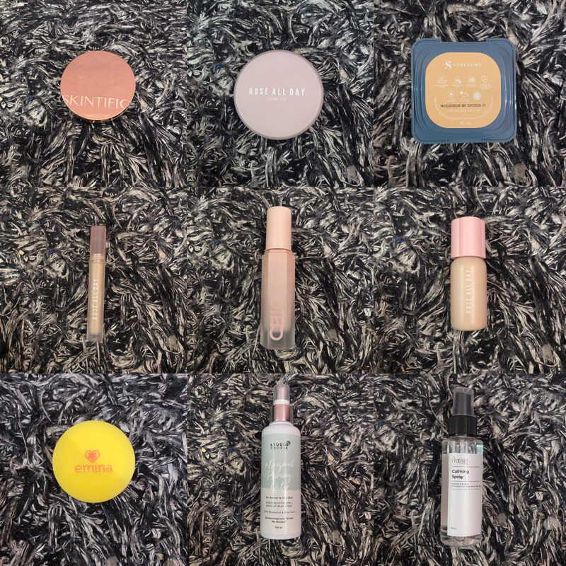 makeup cushion concealer primer skintint loose powder skincare calming spray skintific, rose all day