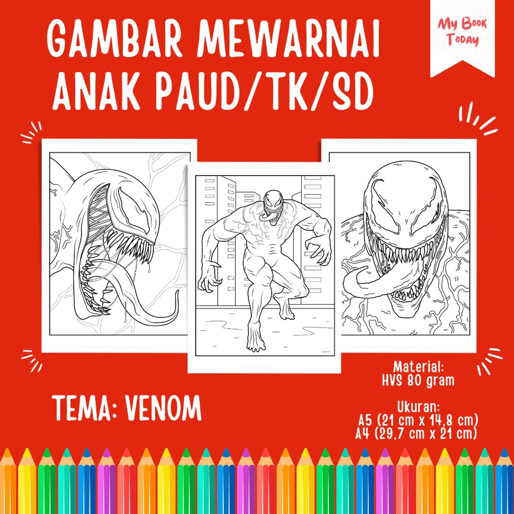 

[My Book Today] Lembar Kertas Sketsa Gambar Mewarnai untuk Anak Sekolah PAUD TK SD Tema Venom