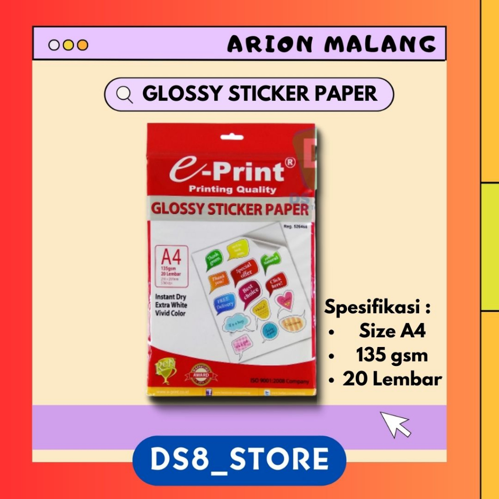 

Stiker Glossy Photo Paper A4 / Kertas Sticker Glossy A4 135 GSM E-PRINT