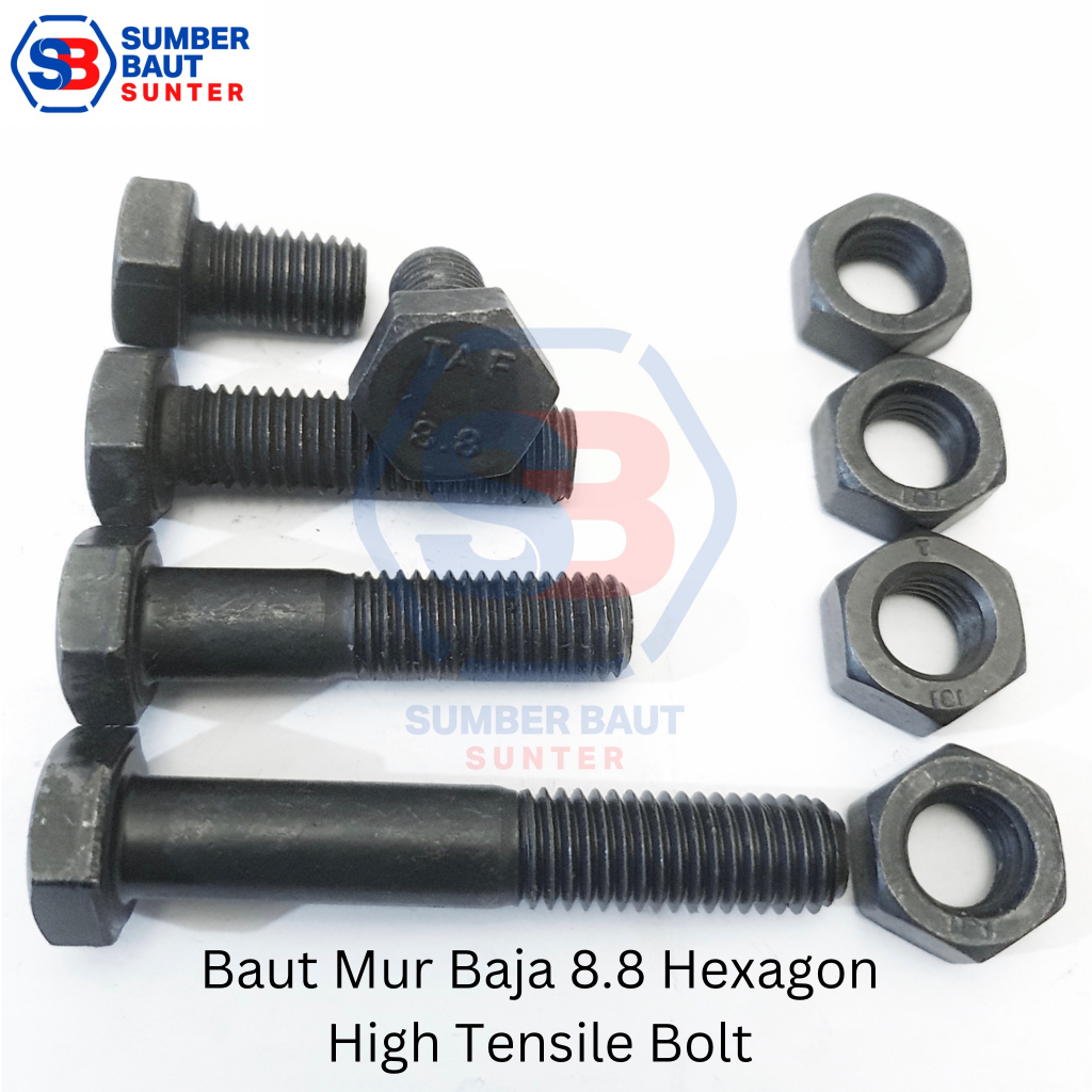 M16x60 Baut Mur Baja 8.8 Hitam Hex HTB High Tensile 16x60