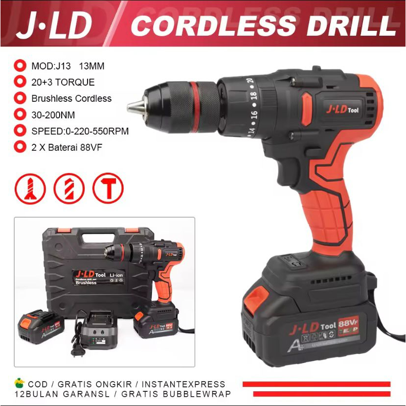 JLD Cordless Drill Battery 88V Brushless 13Mm Mesin Bor Baterai 200N.m