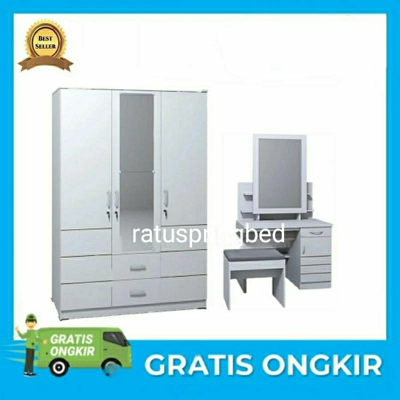 (PROMO) PAKET LEMARI 3 PINTU ROMARO LACI DAN MEJA RIAS WARNA PUTIH ROMARO TERLARIS CIREBON INDRAMAYU